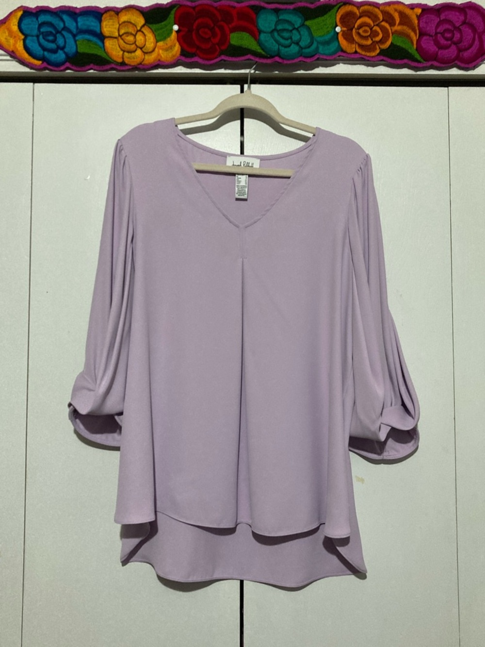 Joseph Ribkoff Lilac V-Neck Tunic with Draped 3/4 Sleeves see photos